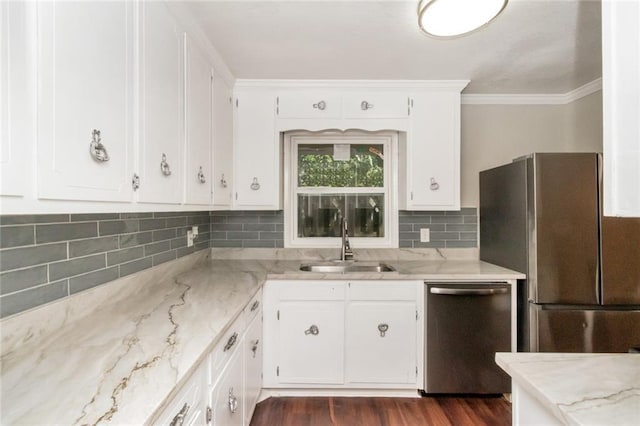 kitchen with light stone countertops, sink, stainless steel appliances, dark hardwood / wood-style flooring, and white cabinets