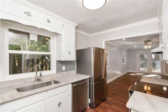 kitchen featuring sink, dark hardwood / wood-style floors, premium range hood, white cabinets, and appliances with stainless steel finishes