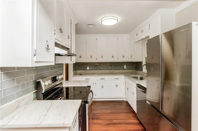 kitchen featuring white cabinets, dark hardwood / wood-style flooring, sink, and appliances with stainless steel finishes