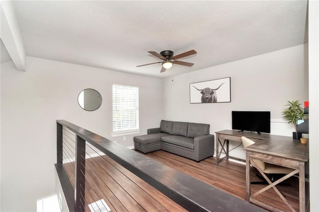 3132 Wellborne Dr W, Mobile, AL 36695 - living area with wood finished floors, ceiling fan, an office area, and beam ceiling