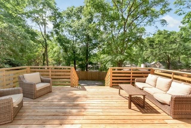 3132 Wellborne Dr W, Mobile, AL 36695 - wooden terrace featuring an outdoor hangout area and view of wooded area