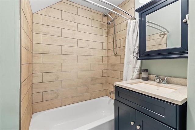 bathroom featuring vanity and shower / tub combo with curtain