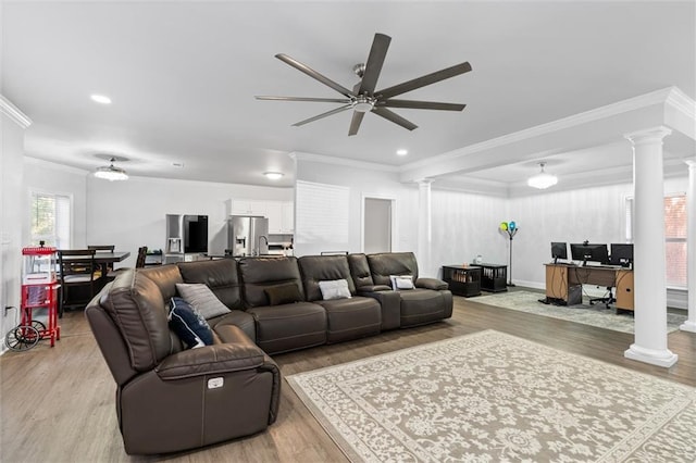 living room with ceiling fan, light wood-type flooring, and crown molding