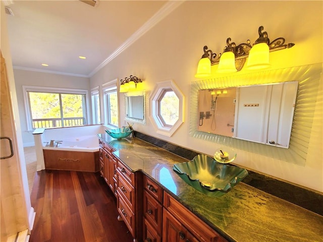 bathroom featuring a bathing tub, vanity, wood-type flooring, and ornamental molding