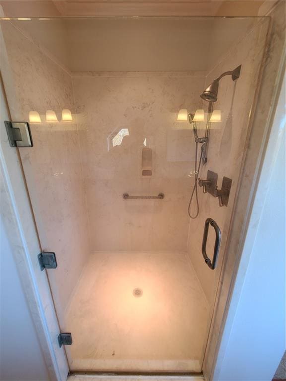 bathroom featuring a shower with shower door