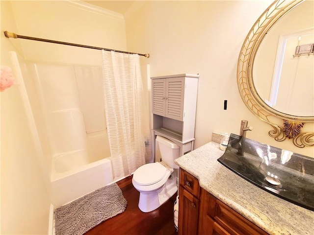 full bathroom with vanity, crown molding, hardwood / wood-style flooring, toilet, and shower / tub combo with curtain