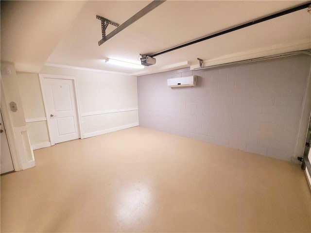 garage featuring a garage door opener and an AC wall unit