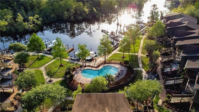 birds eye view of property featuring a water view