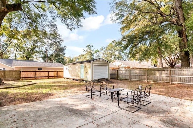 view of patio with a storage shed