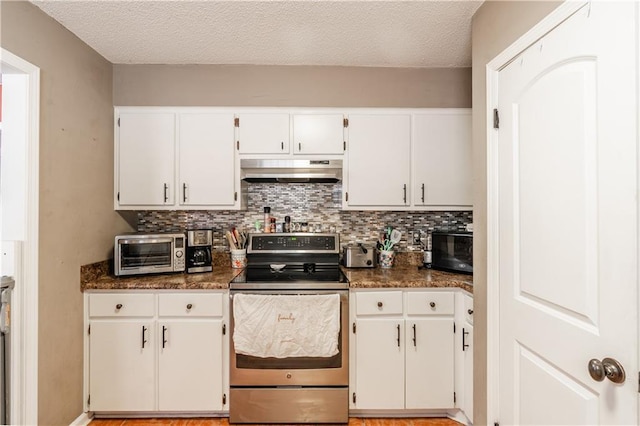 kitchen with under cabinet range hood, a toaster, decorative backsplash, and stainless steel electric stove