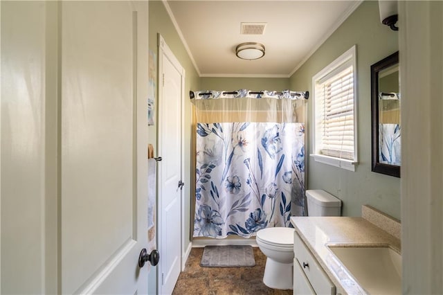 full bathroom featuring toilet, vanity, visible vents, and ornamental molding