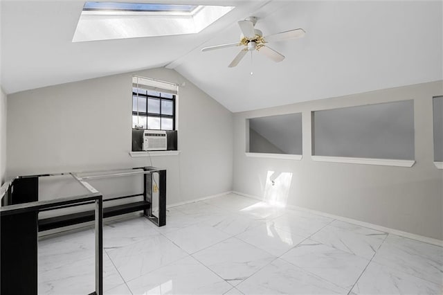 bonus room featuring lofted ceiling with skylight, cooling unit, and ceiling fan