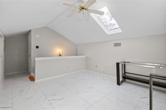 additional living space featuring lofted ceiling with skylight and ceiling fan