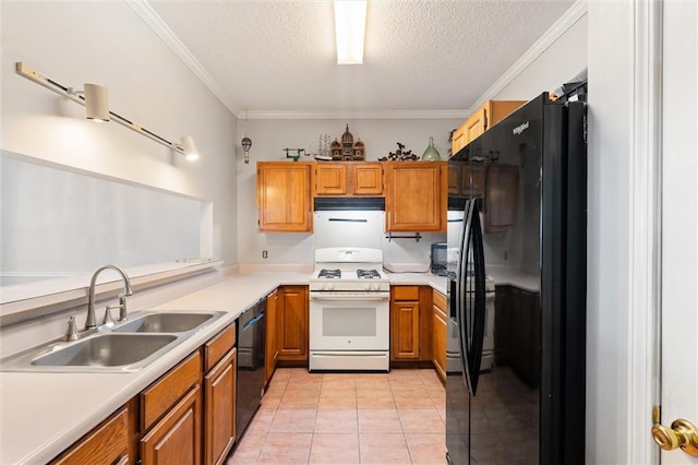 kitchen featuring sink, ornamental molding, light tile patterned floors, black appliances, and a textured ceiling