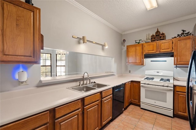 kitchen with extractor fan, sink, a textured ceiling, ornamental molding, and black appliances