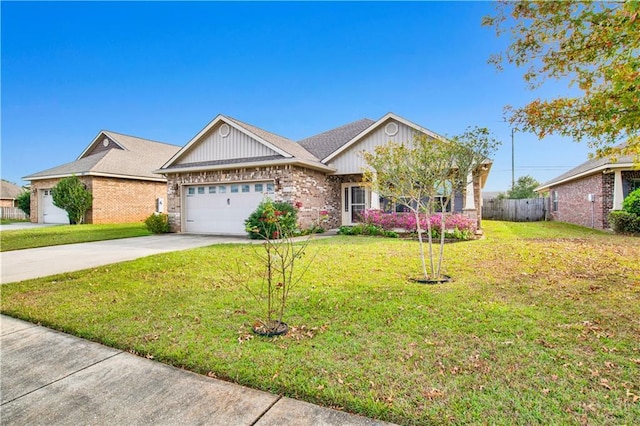 ranch-style home with a front yard and a garage