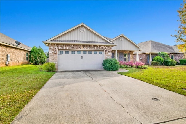 single story home featuring a garage and a front lawn