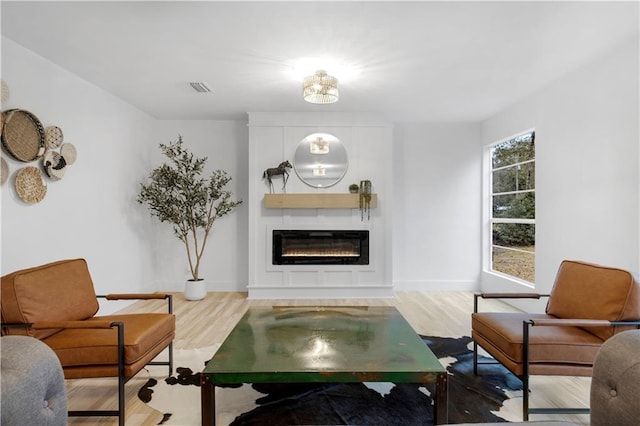 living room featuring a large fireplace and wood-type flooring