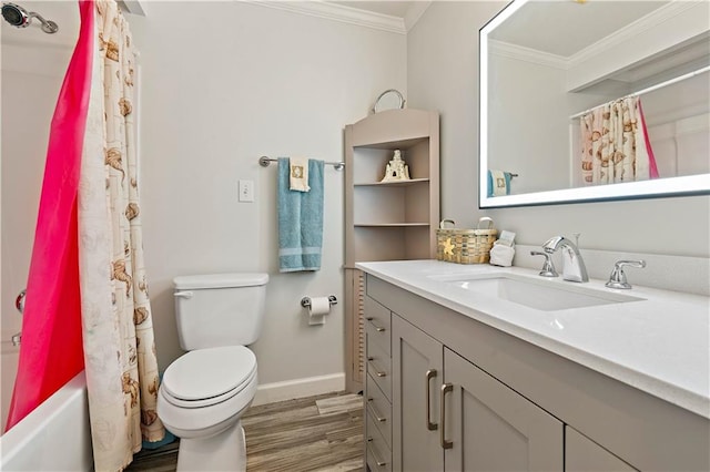 full bathroom featuring crown molding, toilet, wood-type flooring, vanity, and shower / bathtub combination with curtain