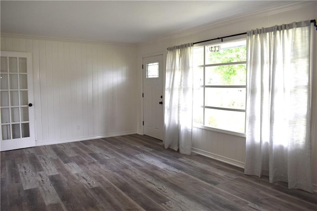 6208 Anthony Dr W, Theodore, AL 36582 - interior space featuring wooden walls, dark wood-style flooring, baseboards, and ornamental molding
