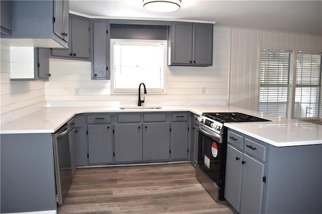 6208 Anthony Dr W, Theodore, AL 36582 - kitchen with appliances with stainless steel finishes, a sink, a peninsula, wood finished floors, and gray cabinetry