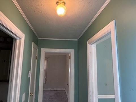 corridor featuring ornamental molding and a textured ceiling