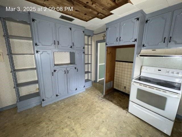 kitchen with range hood, light floors, visible vents, electric stove, and wood ceiling