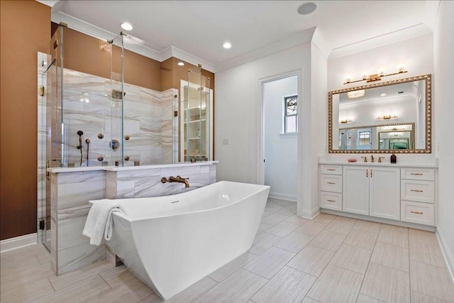 bathroom featuring plus walk in shower, oversized vanity, crown molding, and tile flooring