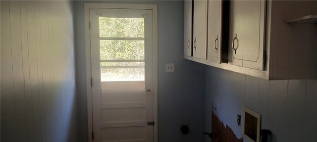 laundry area featuring a wealth of natural light and wooden walls