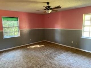 carpeted spare room with ceiling fan