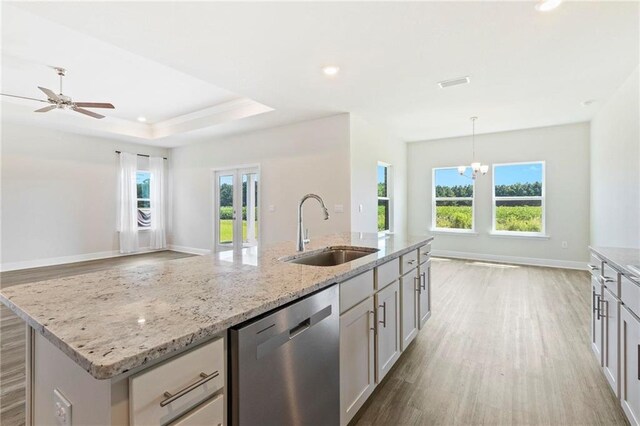 spare room featuring plenty of natural light, ceiling fan, wood-type flooring, and a tray ceiling