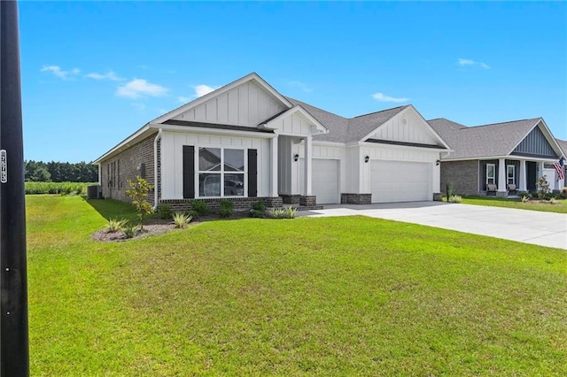 view of front of home with a garage, brick siding, concrete driveway, board and batten siding, and a front yard