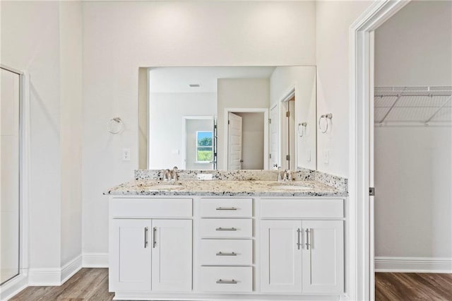 full bathroom with double vanity, wood finished floors, a sink, and a walk in closet