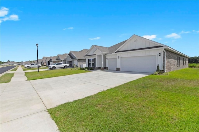 view of front facade featuring board and batten siding, a residential view, concrete driveway, and a garage