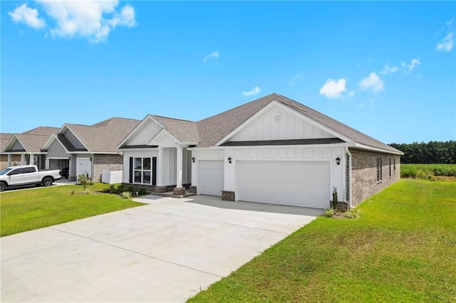 view of front of house with a garage, concrete driveway, board and batten siding, and a front yard