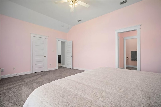 carpeted bedroom with a ceiling fan, lofted ceiling, visible vents, and baseboards