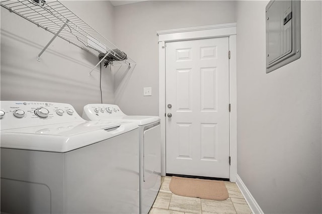 laundry room with laundry area, washer and clothes dryer, electric panel, and baseboards