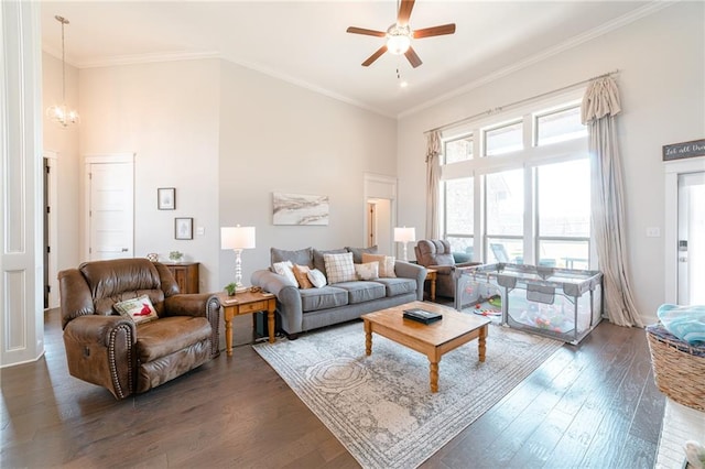 living room with ceiling fan with notable chandelier, a towering ceiling, dark hardwood / wood-style floors, and crown molding