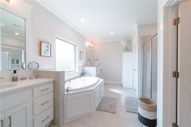 bathroom with tile patterned floors, vanity, separate shower and tub, and crown molding