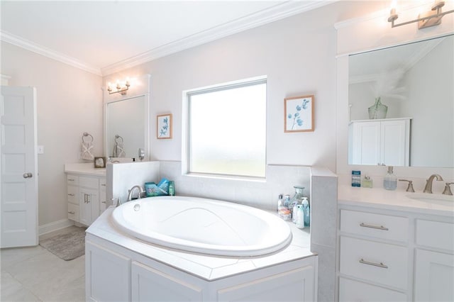 bathroom featuring a tub, crown molding, tile patterned flooring, and vanity