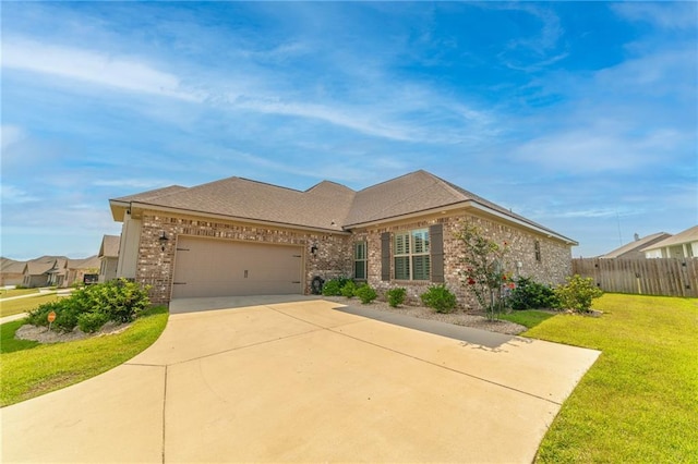 view of front of house with a front yard and a garage