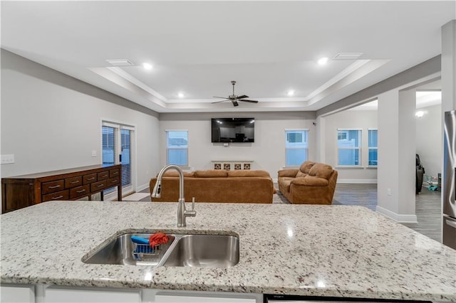 kitchen featuring sink, a raised ceiling, hardwood / wood-style flooring, light stone countertops, and a kitchen island with sink