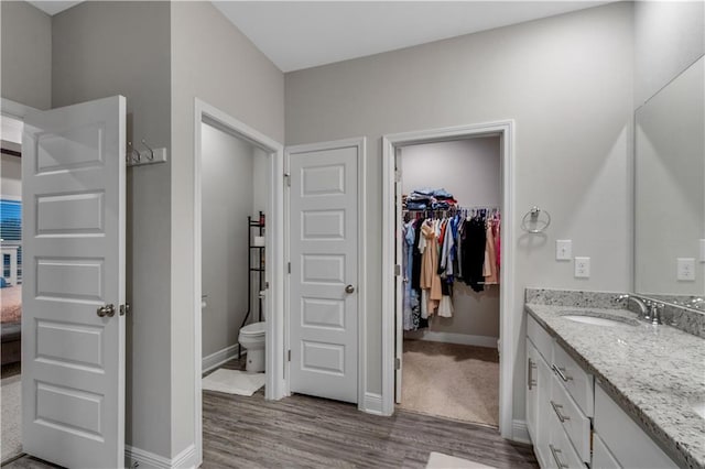 bathroom with hardwood / wood-style flooring, vanity, and toilet