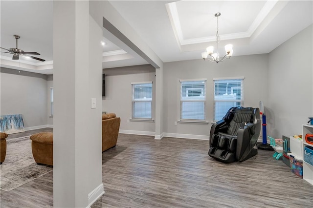 rec room featuring a raised ceiling, ornamental molding, ceiling fan with notable chandelier, and hardwood / wood-style floors