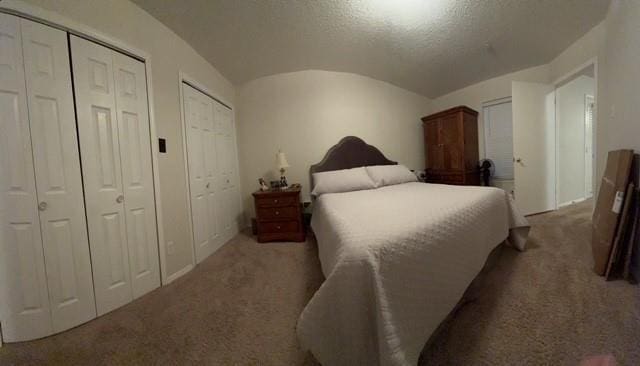 bedroom with carpet, vaulted ceiling, and multiple closets