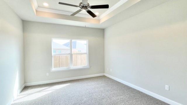 10706 Relic Rd N, Mobile, AL 36608 - spare room featuring a tray ceiling, crown molding, carpet flooring, ceiling fan, and recessed lighting