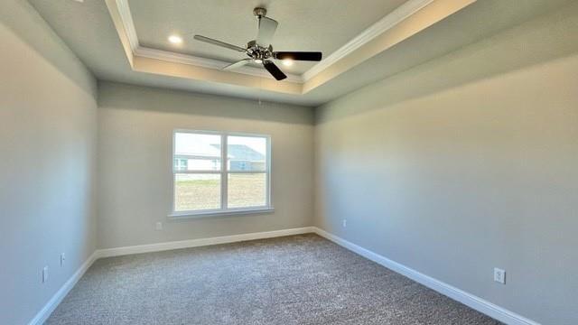 10706 Relic Rd N, Mobile, AL 36608 - spare room with a raised ceiling, crown molding, ceiling fan, carpet floors, and recessed lighting