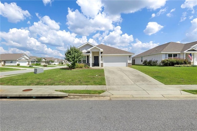 ranch-style house with a garage and a front lawn