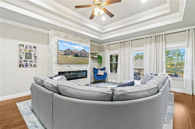 living room with a tray ceiling, ceiling fan, crown molding, dark wood-type flooring, and a fireplace