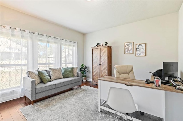 home office with hardwood / wood-style flooring